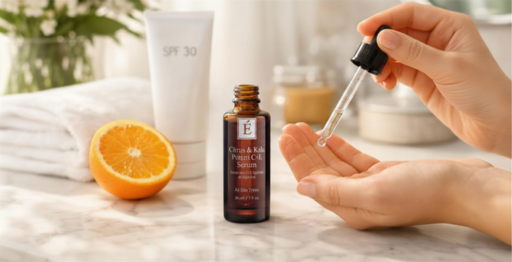 Vitamin C skincare morning routine with antioxidant serum and sunscreen for daily skin protection