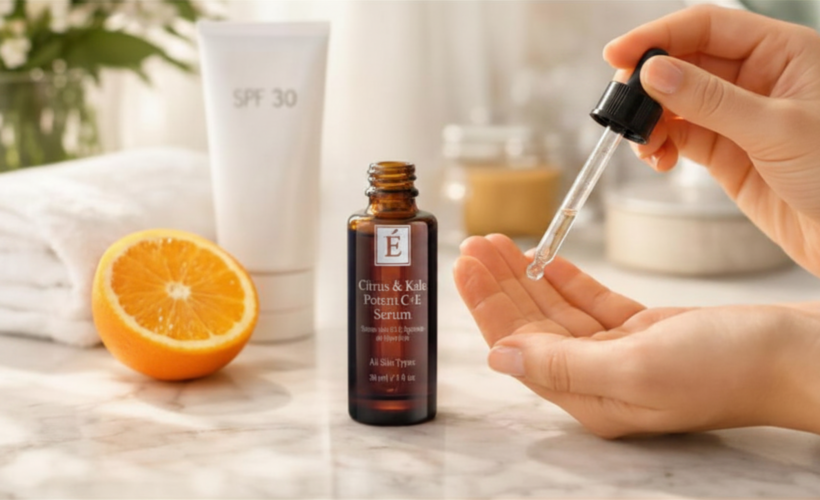 Vitamin C skincare morning routine with antioxidant serum and sunscreen for daily skin protection