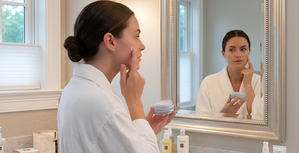 A woman applies an organic moisturizer for dry skin while looking in the mirror, with professional skin barrier repair products on the counter.