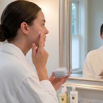 A woman applies an organic moisturizer for dry skin while looking in the mirror, with professional skin barrier repair products on the counter.