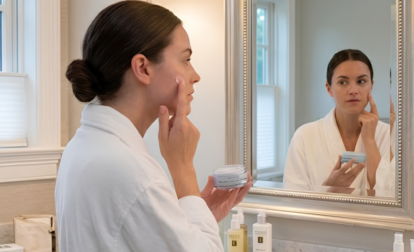 A woman applies an organic moisturizer for dry skin while looking in the mirror, with professional skin barrier repair products on the counter.