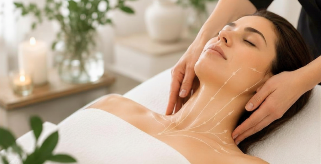Woman receiving a gentle lymphatic drainage massage in a relaxing spa setting