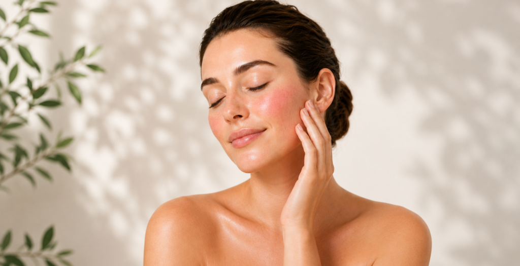 Woman receiving a gentle peptide facial treatment for sensitive skin and rosacea in a calming spa setting
