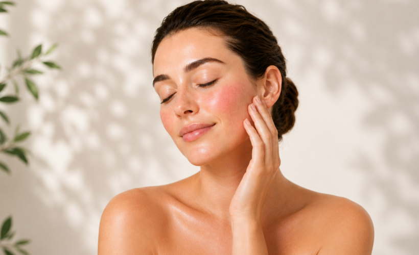 Woman receiving a gentle peptide facial treatment for sensitive skin and rosacea in a calming spa setting